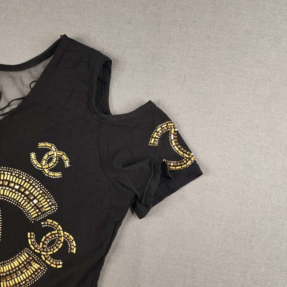 Fashion Top Cold Shoulder Beaded Gold Black Butterfly Mesh V-Neck Shirt Y2K - Picture 3 of 10